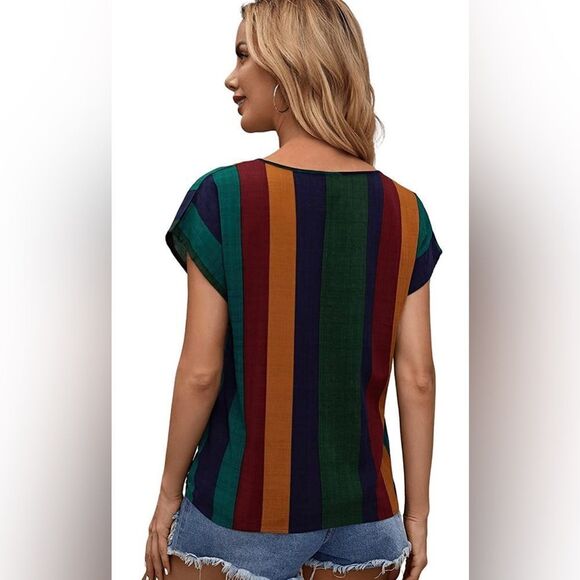 SHEIN Women's Cuff Short Sleeve Print Work Blouse Round Neck Shirt - S        - Picture 4 of 9